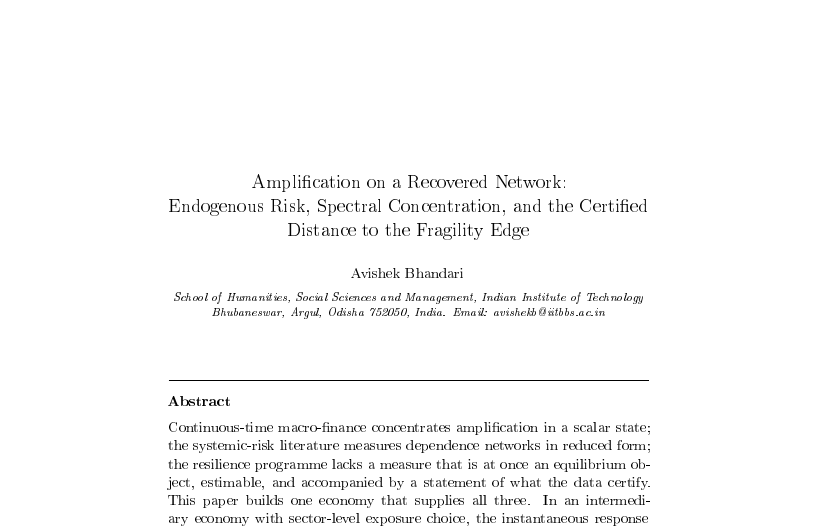First-page preview of Amplification on a Recovered Network: Endogenous Risk, Spectral Concentration, and the Certified Distance to the Fragility Edge