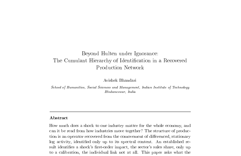 First-page preview of Beyond Hulten under Ignorance: The Cumulant Hierarchy of Identification in a Recovered Production Network
