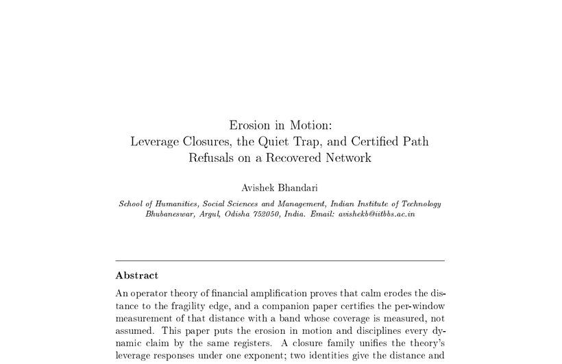 First-page preview of Erosion in Motion: Leverage Closures, the Quiet Trap, and Certified Path Refusals on a Recovered Network