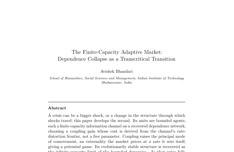 First-page preview of The Finite-Capacity Adaptive Market: Dependence Collapse as a Transcritical Transition
