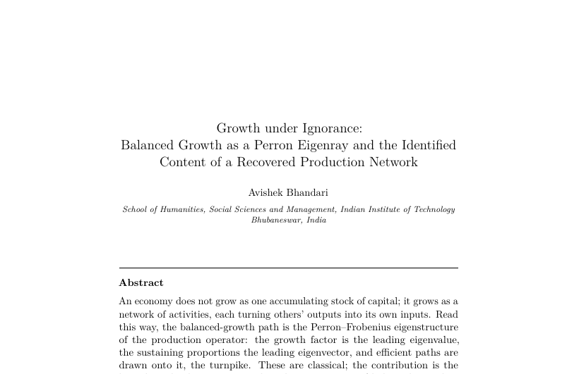 First-page preview of Growth under Ignorance: Balanced Growth as a Perron Eigenray and the Identified Content of a Recovered Production Network