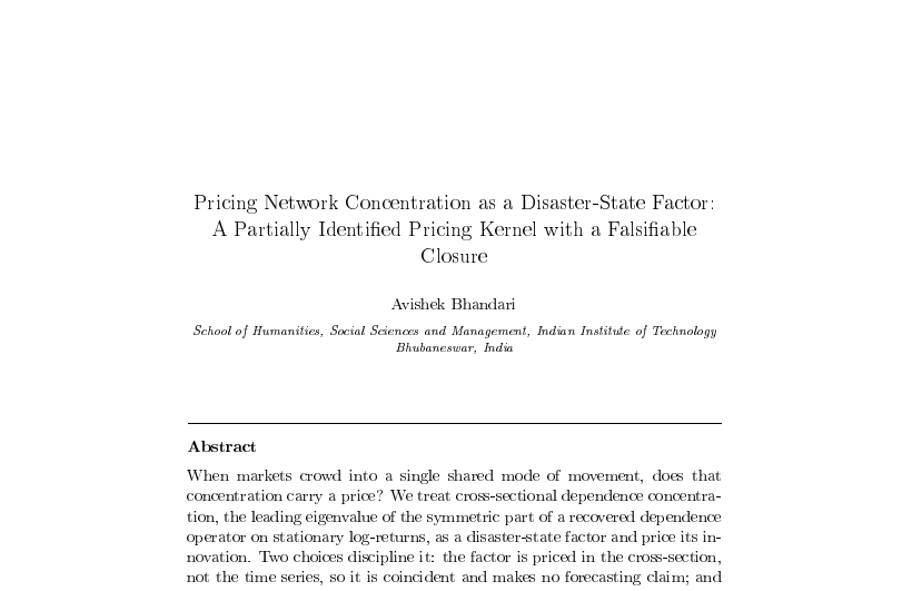 First-page preview of Pricing Network Concentration as a Disaster-State Factor: A Partially Identified Pricing Kernel with a Falsifiable Closure