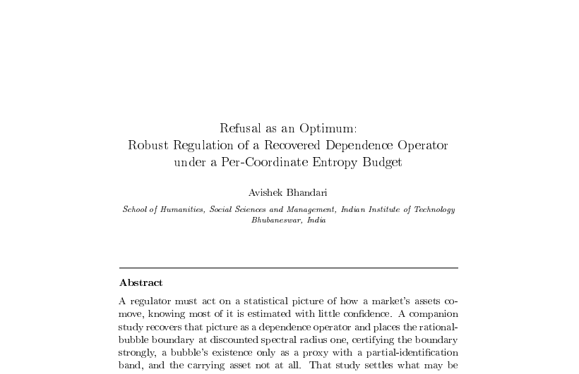 First-page preview of Refusal as an Optimum: Robust Regulation of a Recovered Dependence Operator under a Per-Coordinate Entropy Budget